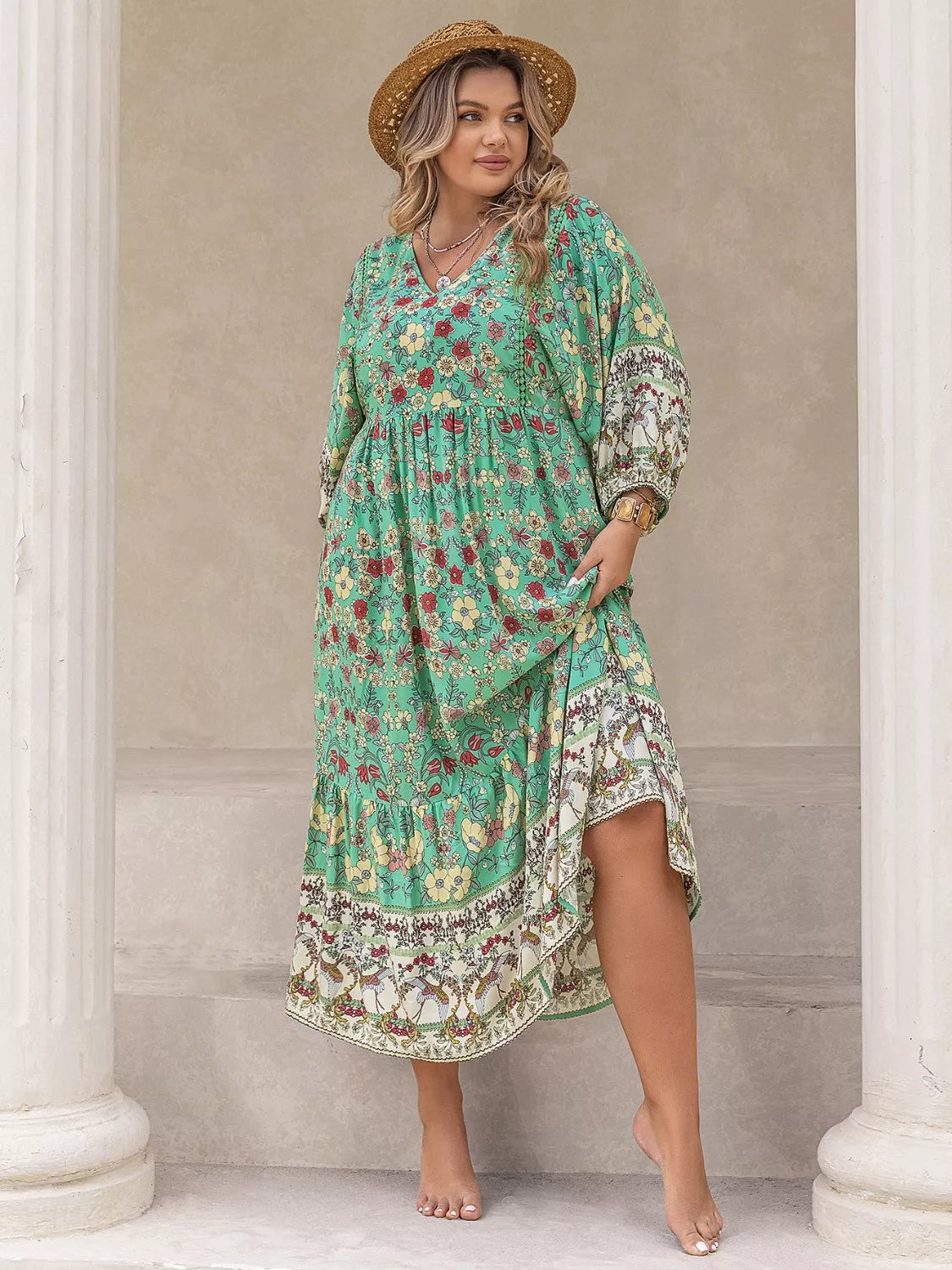 Plus Size Bohemian Floral Tiered Maxi Dress - Basic.
