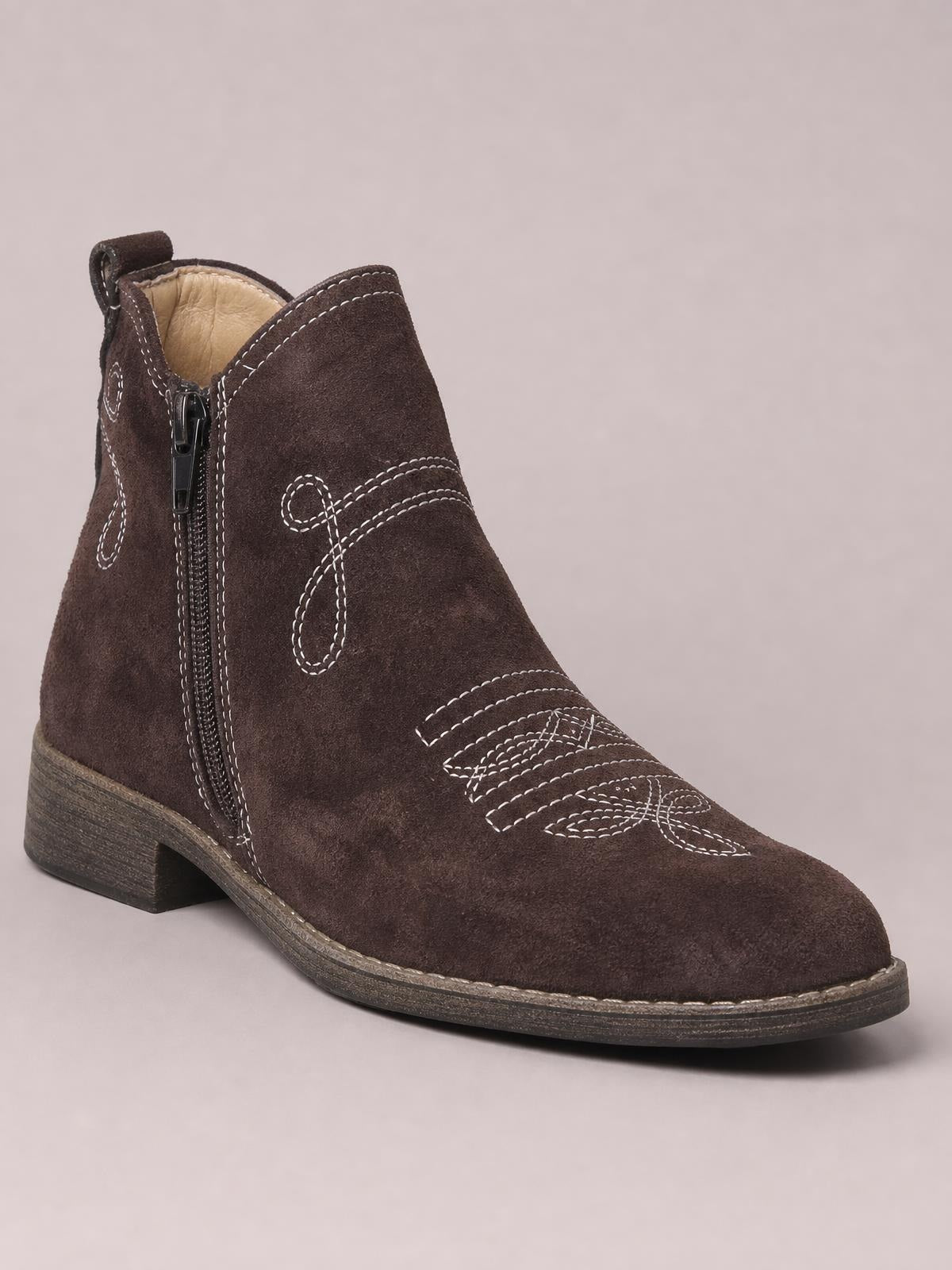 Brown suede-style ankle boots with a mid-height block heel, side zipper, rounded toe, and contrasting decorative stitching.