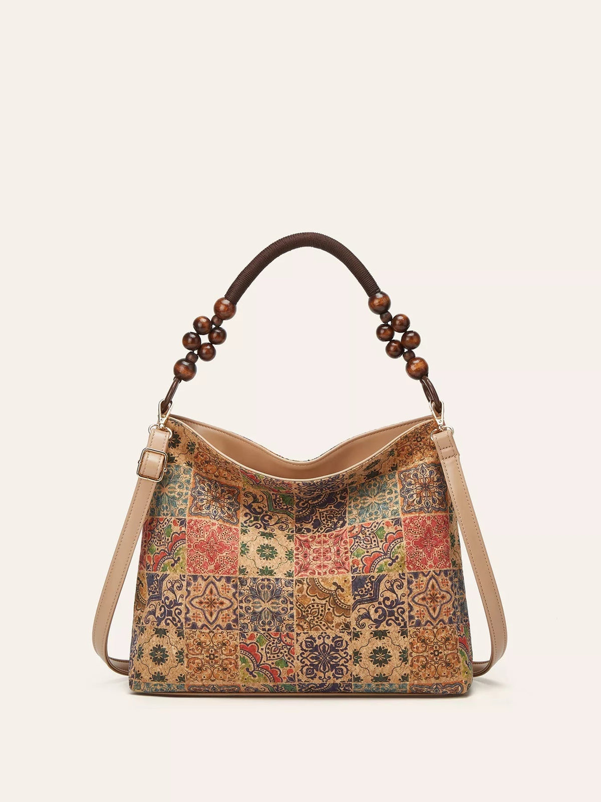 A medium bohemian geometric-pattern hobo handbag in multicolored PU leather features a slouchy silhouette, beaded top handle, and long adjustable shoulder strap.
