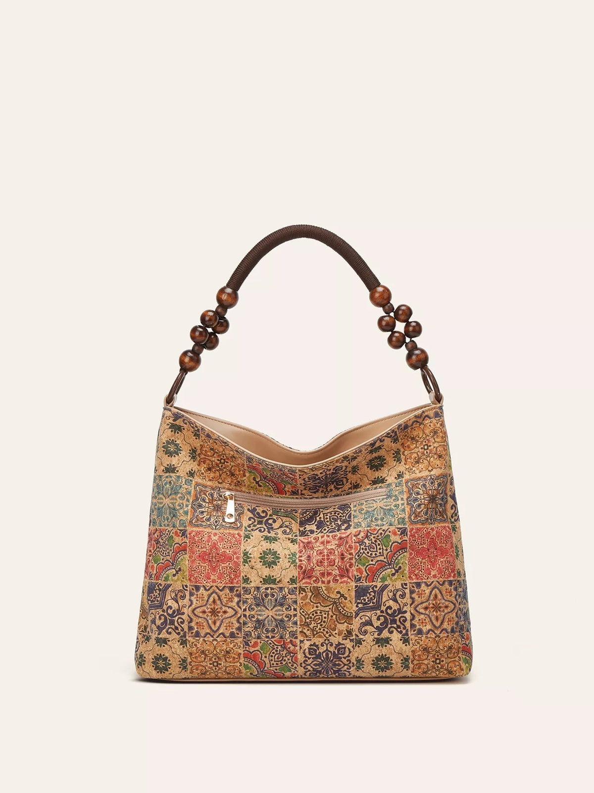 Medium PU leather bohemian hobo handbag with a colorful geometric patchwork pattern, curved top, beaded handle, and front zip pocket.