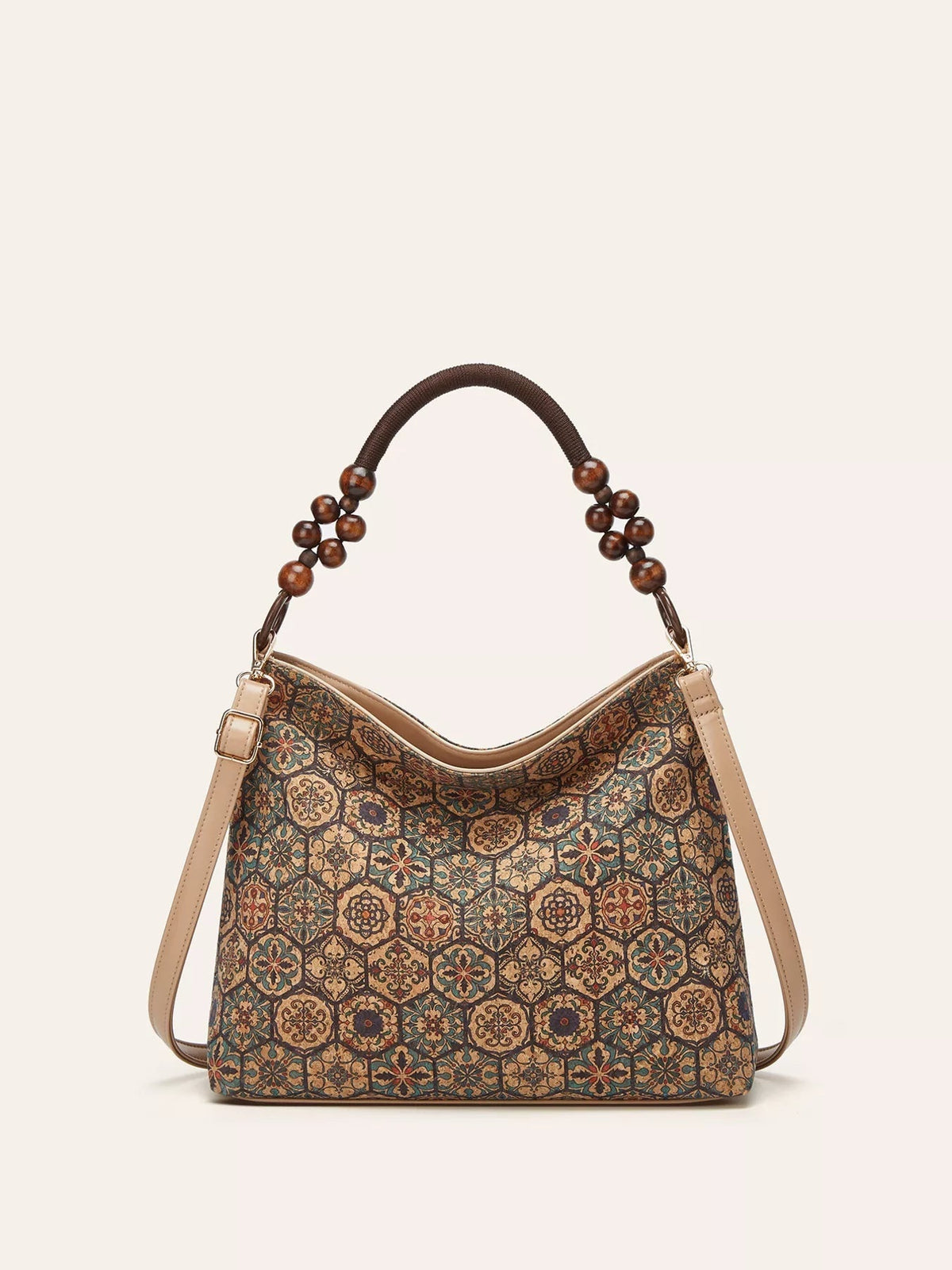 Medium bohemian geometric-pattern hobo handbag in brown, teal, and tan PU leather with a slouchy silhouette, beaded top handle, and beige shoulder straps.