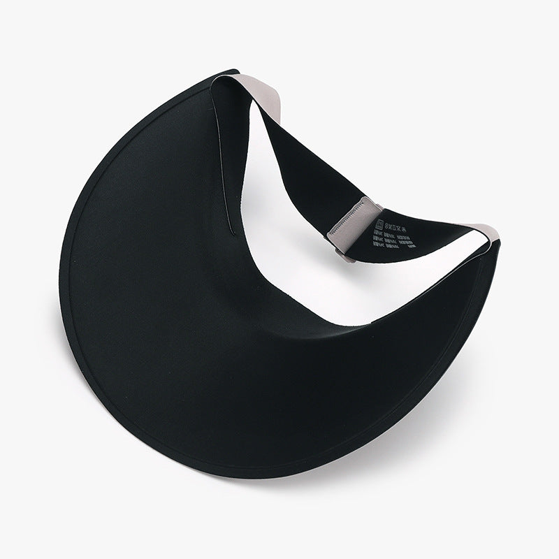 Black breathable ice silk sun hat with an open crown, sleek visor silhouette, softly curved brim, and adjustable back strap for a customized fit.