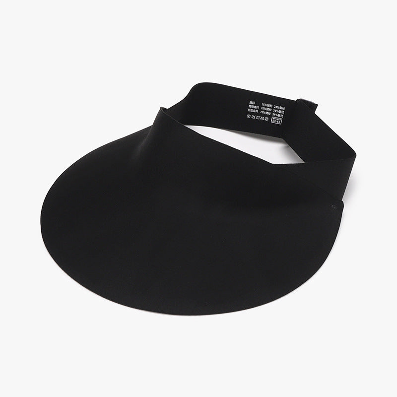Black breathable ice silk sun hat with an open crown, sleek visor silhouette, softly curved brim, and adjustable back strap.