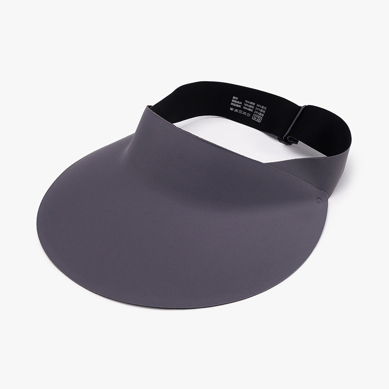 Dark gray breathable ice silk sun hat with a sleek visor silhouette, open crown, softly curved wide brim, and adjustable back strap.