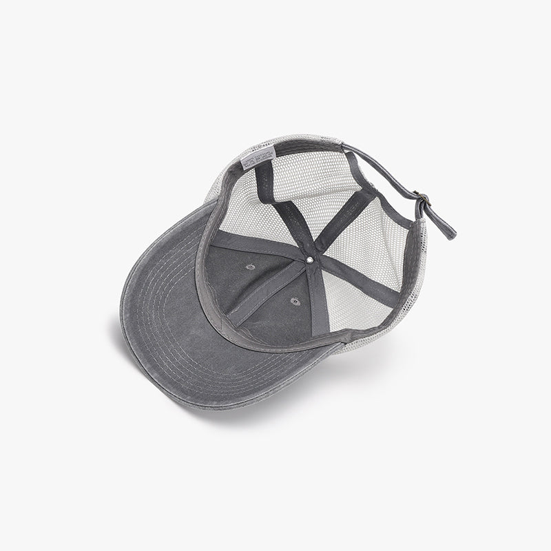 Gray breathable mesh adjustable baseball cap shown from above, featuring a structured six-panel front, airy back and side panels, and a gently curved brim.