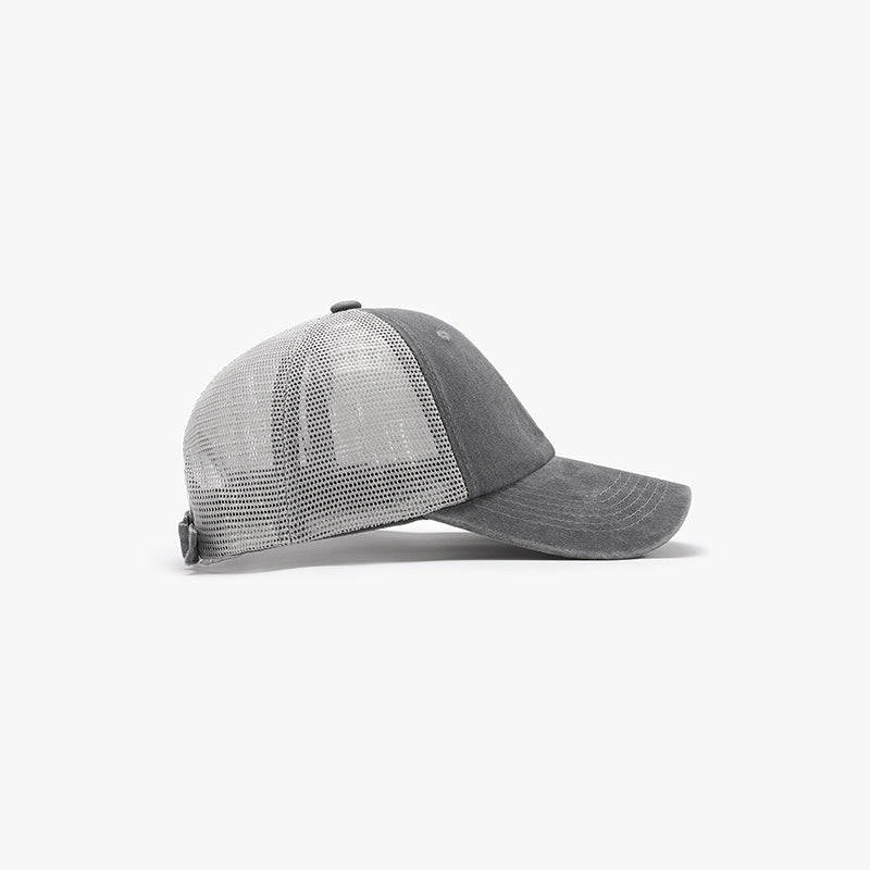 Gray breathable mesh baseball cap with a structured front, airy back and side panels, gently curved brim, and adjustable strap for a relaxed fit.