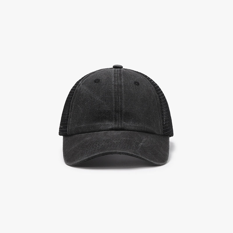 Black breathable mesh baseball cap with a structured six-panel front, airy side panels, stitched seams, and a gently curved brim for a sporty, relaxed silhouette.