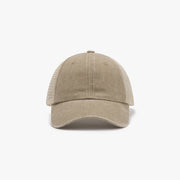 Taupe breathable mesh baseball cap with a structured six-panel front, airy side panels, and a gently curved brim for a relaxed sporty silhouette.
