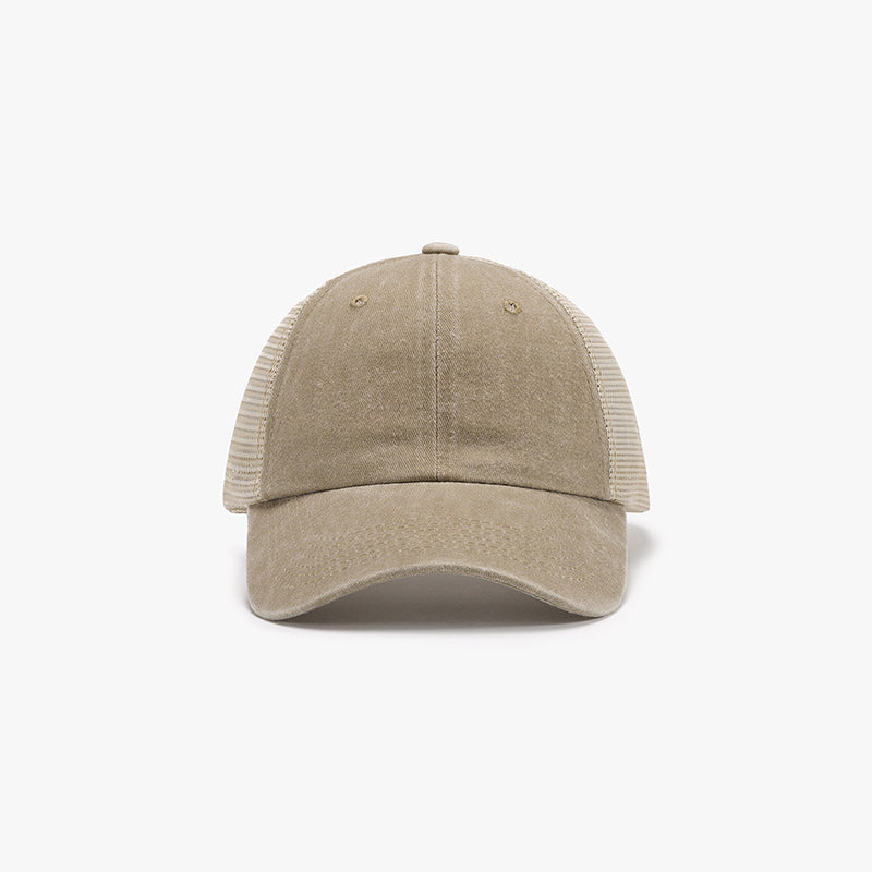 Taupe breathable mesh baseball cap with a structured six-panel front, airy side panels, and a gently curved brim for a relaxed sporty silhouette.