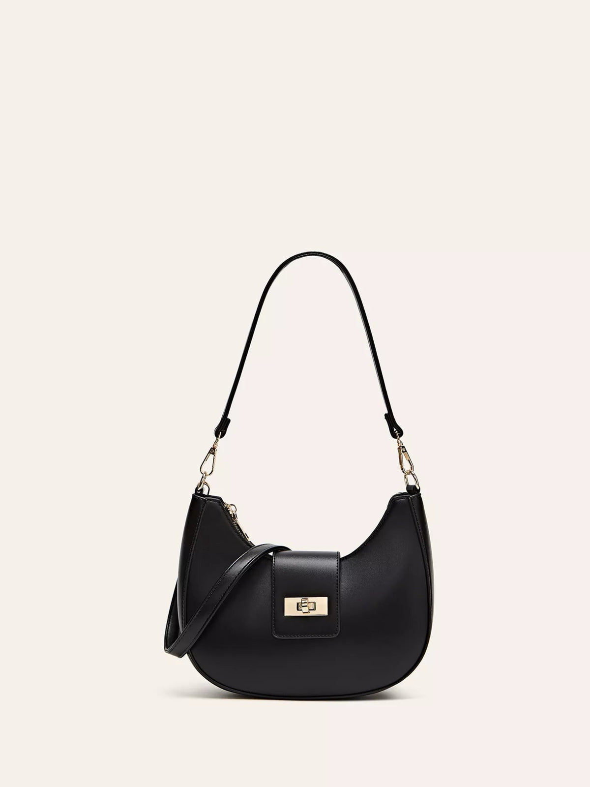 Small black PU leather shoulder bag with a curved silhouette, long detachable strap, gold-tone hardware, and a front buckle closure.
