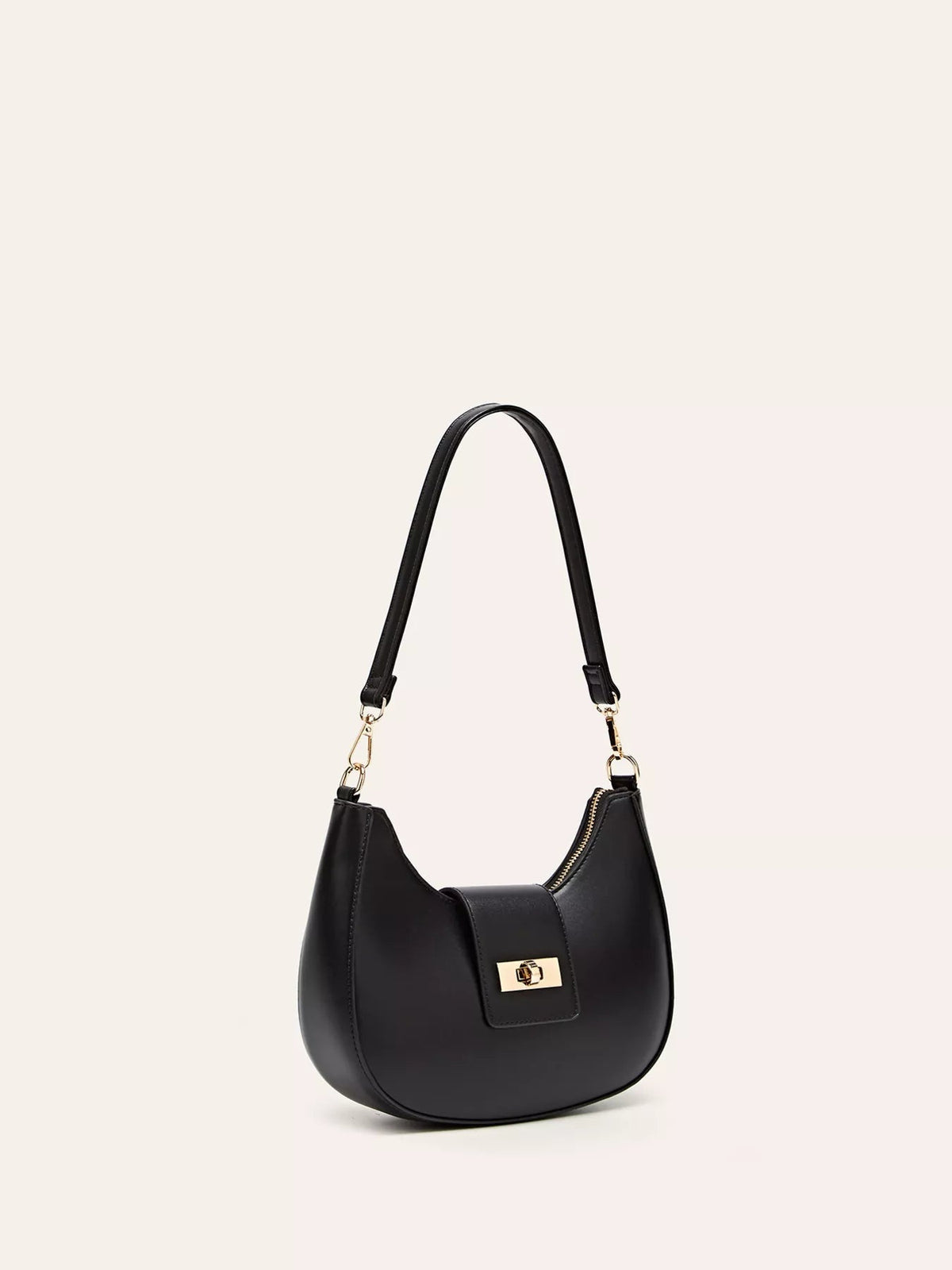 Small black PU leather shoulder bag with a rounded silhouette, curved top, gold-tone hardware, adjustable strap, and front buckle closure.