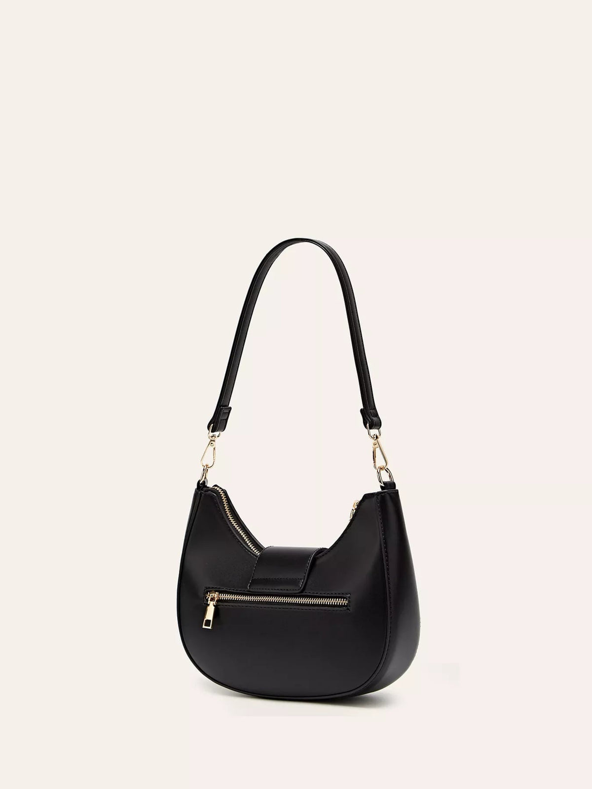 Small black PU leather shoulder bag with a curved silhouette, long adjustable strap, gold-tone hardware, top zipper, and front zip pocket.