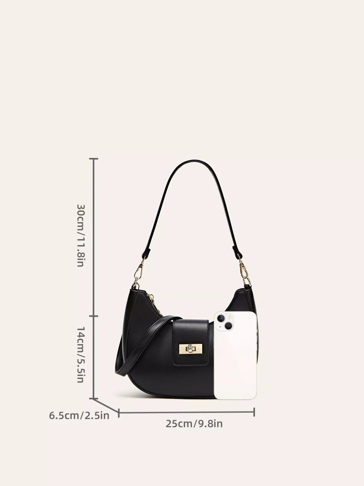 Small black PU leather shoulder bag with a curved silhouette, long strap, gold-tone hardware, and a front flap secured by a buckle closure.