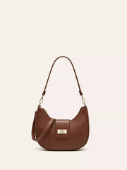 Small brown PU leather shoulder bag with a curved silhouette, adjustable strap, stitched flap, and gold-tone buckle closure.