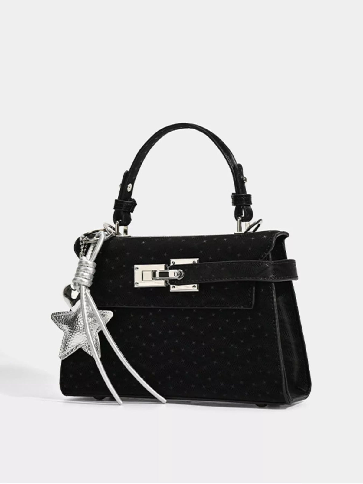 Black mini PU leather handbag with a structured silhouette, arched top handle, front buckle strap, silver-tone hardware, and star-shaped charm.