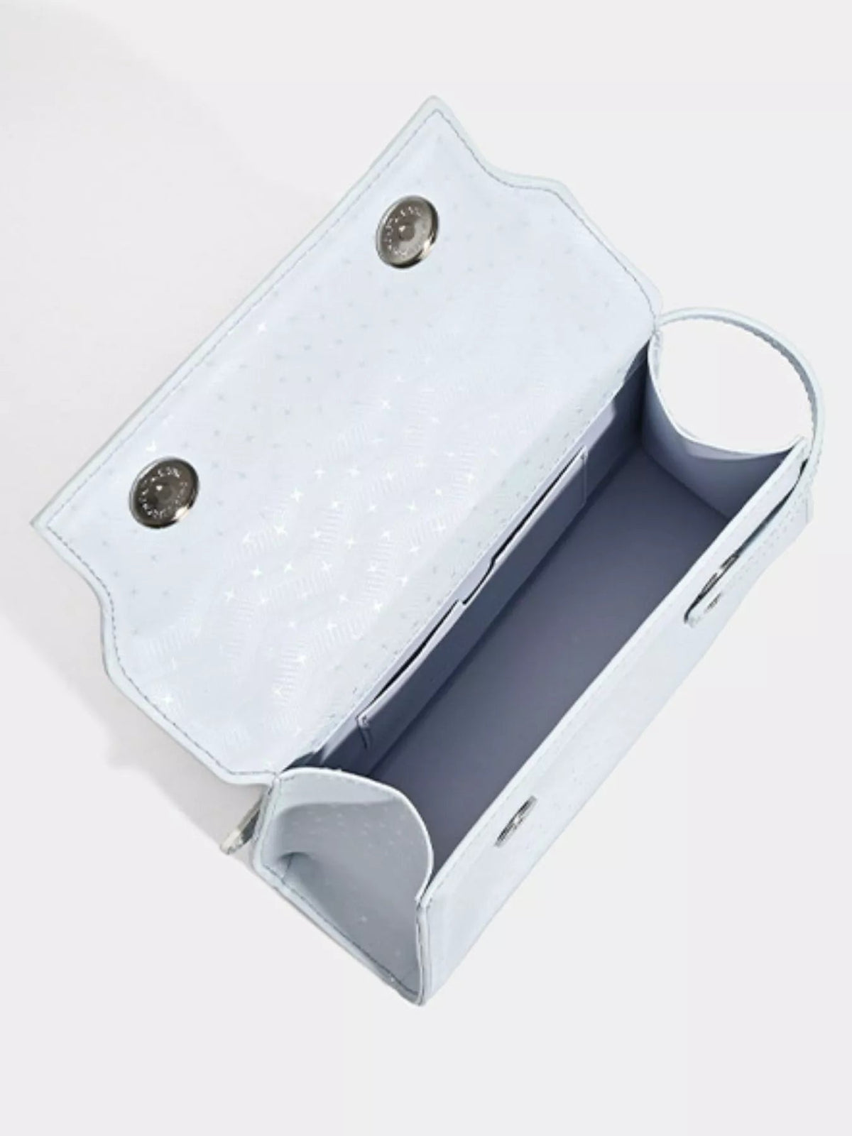 Open mini light blue PU leather handbag with a structured rectangular silhouette, flap closure, snap fasteners, and a spacious interior.