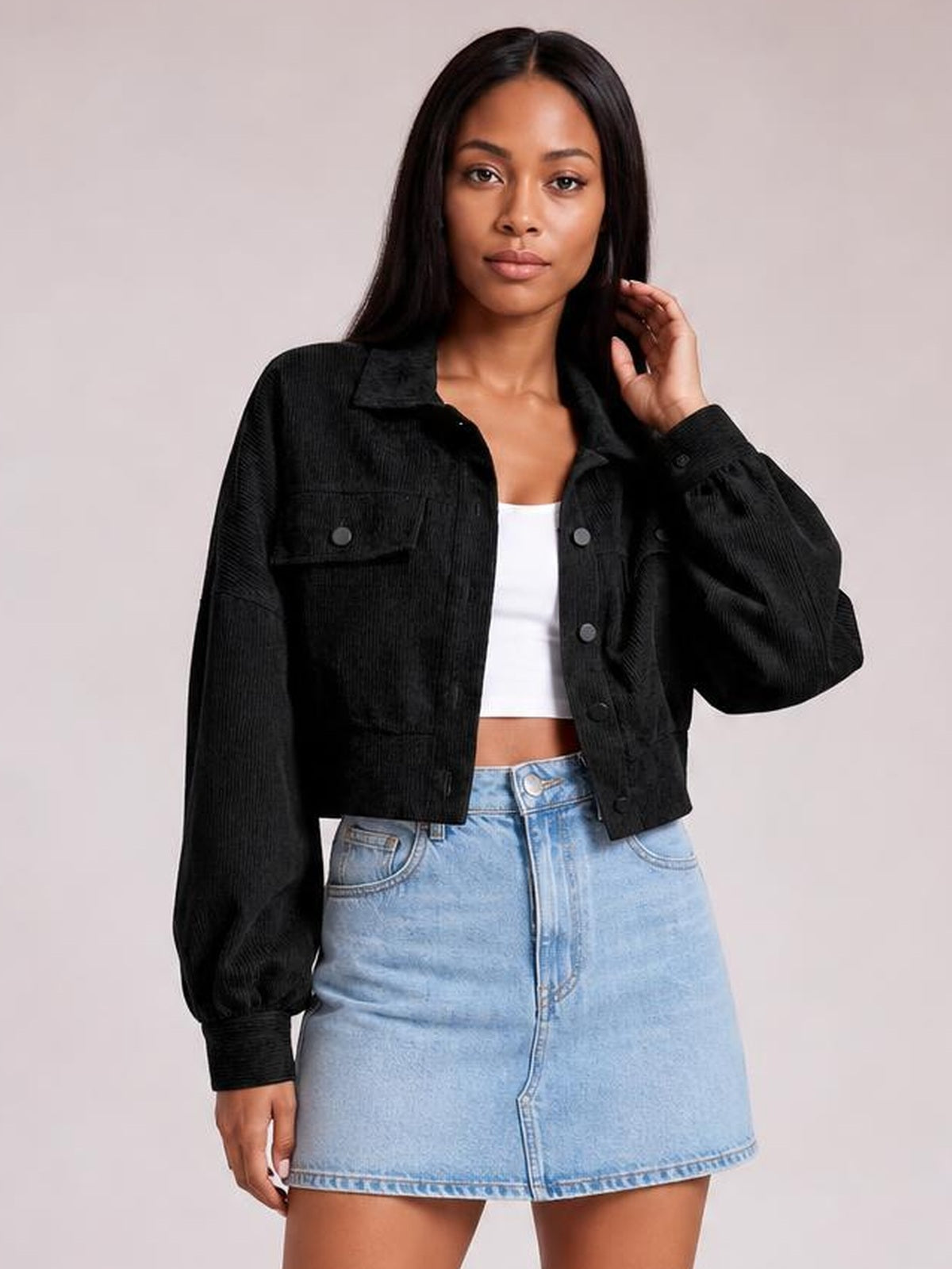 Button Down Collared Neck Cropped Jacket · Rule Full Body - Medium / Three-Quarter