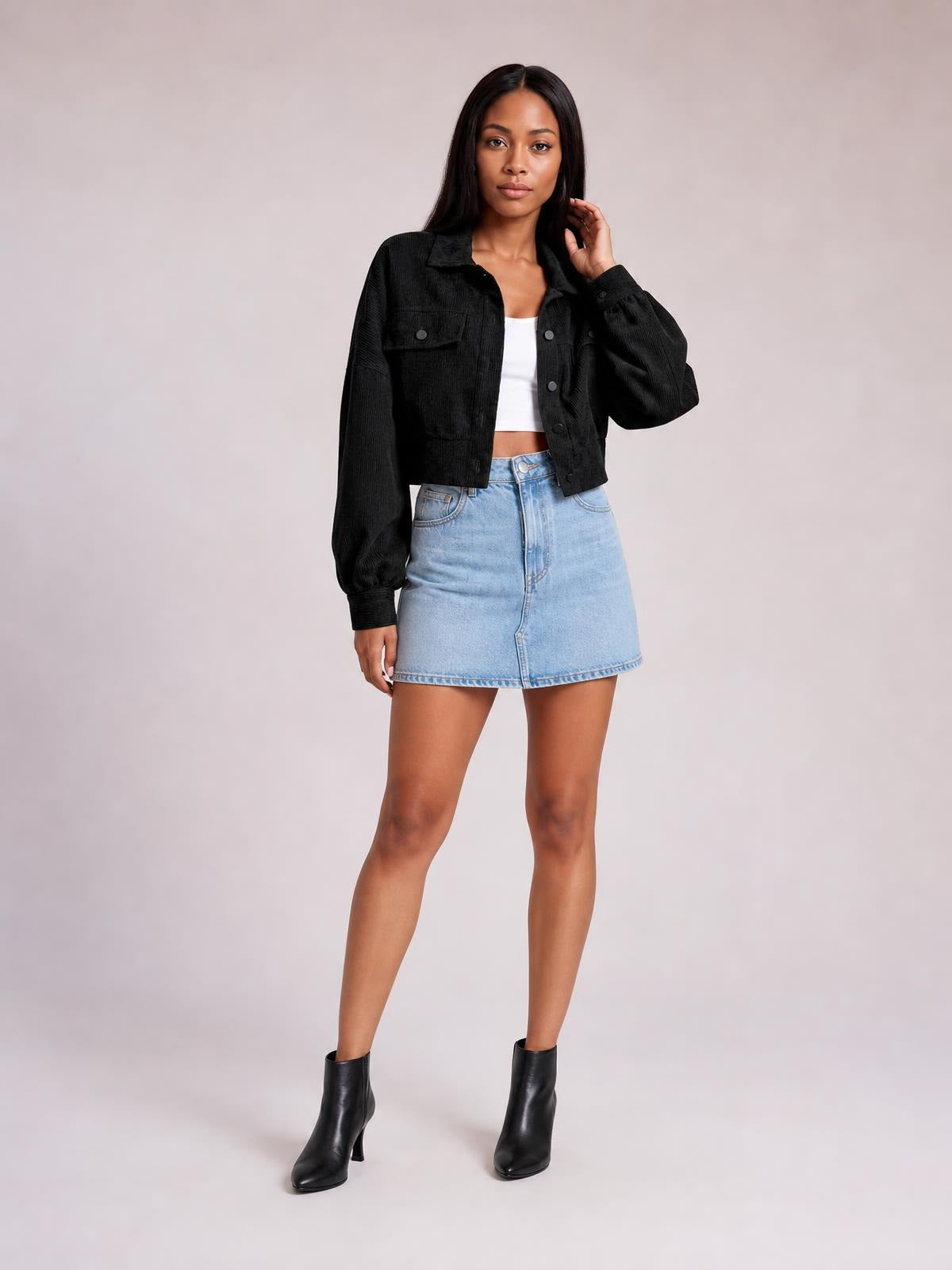 Button Down Collared Neck Cropped Jacket · Rule Full Body - Medium / Three-Quarter