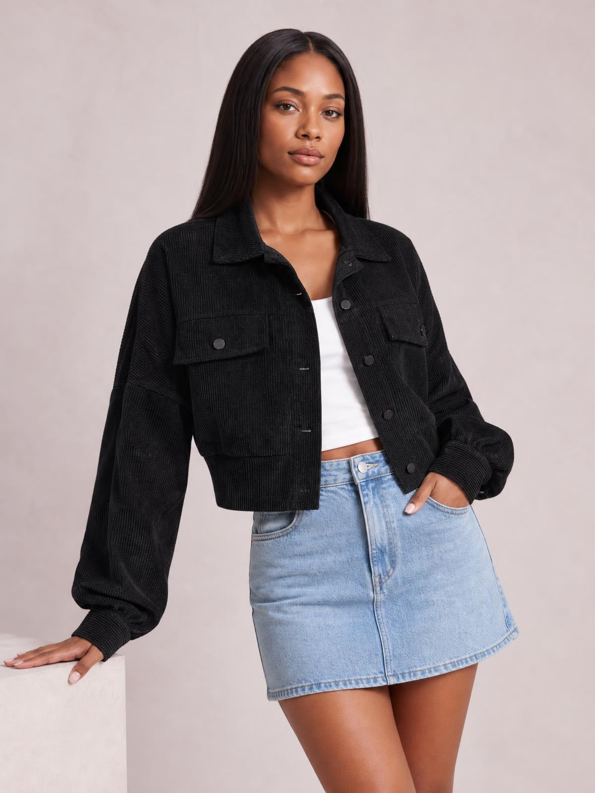 Button Down Collared Neck Cropped Jacket · Rule Crop - Torso / Waist Up - Studio Prop Pose