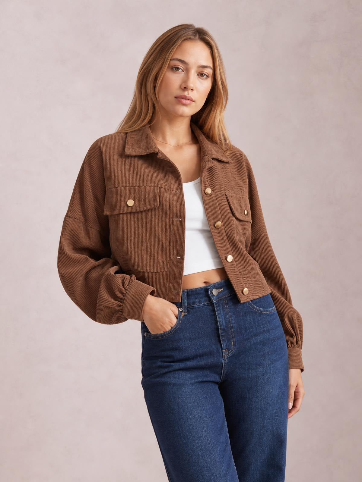 Button Down Collared Neck Cropped Jacket · Rule Crop - Torso / Waist Up - Studio Prop Pose