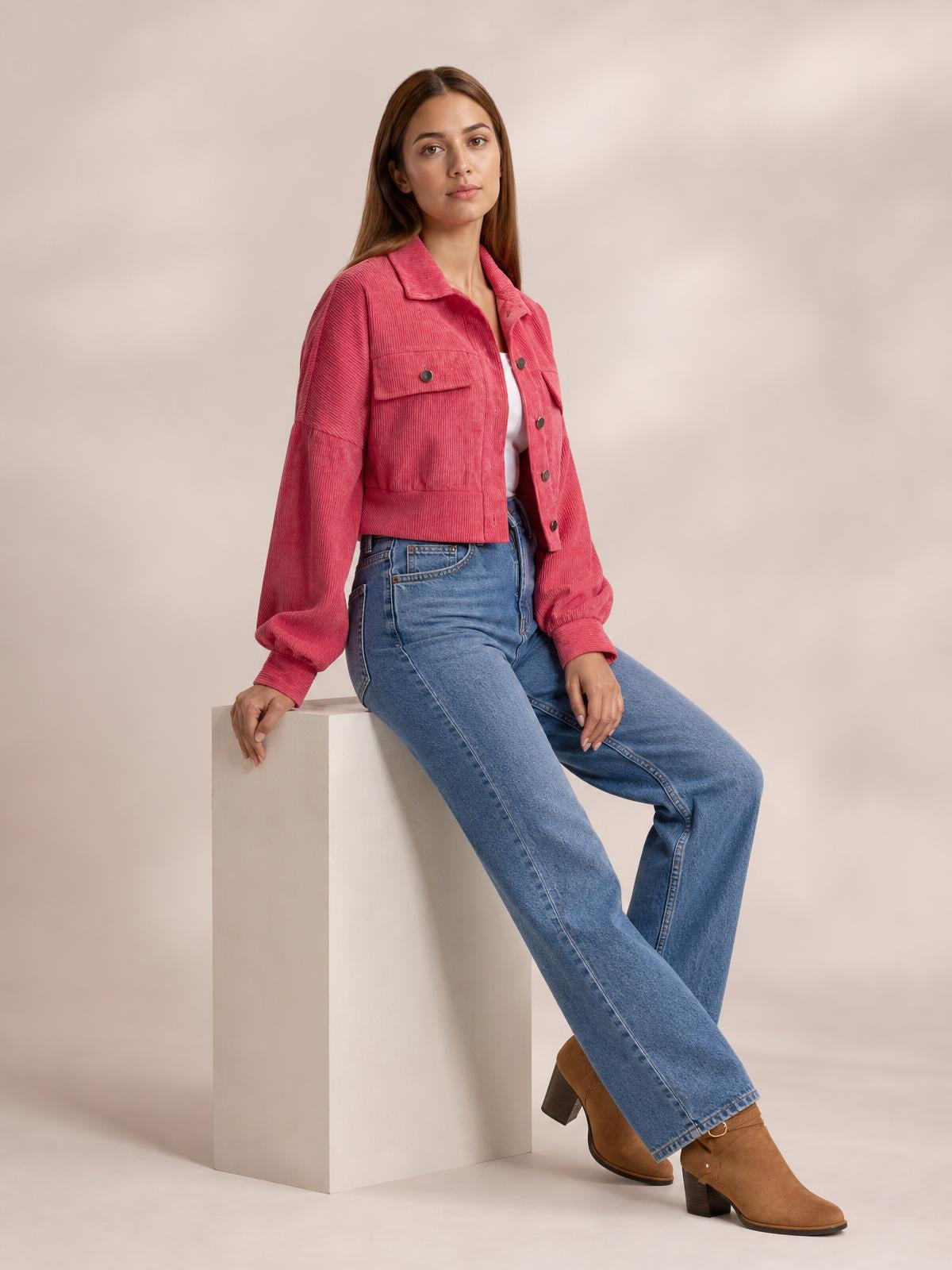 Button Down Collared Neck Cropped Jacket · Rule Full Body - Side / Three-Quarter