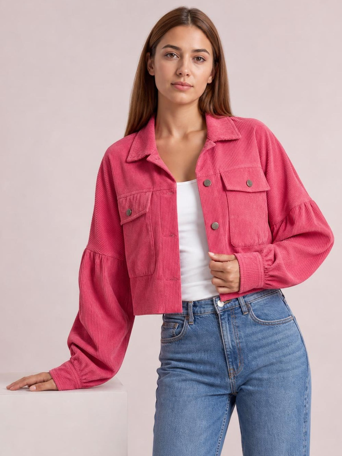 Button Down Collared Neck Cropped Jacket · Rule Crop - Torso / Waist Up - Studio Prop Pose