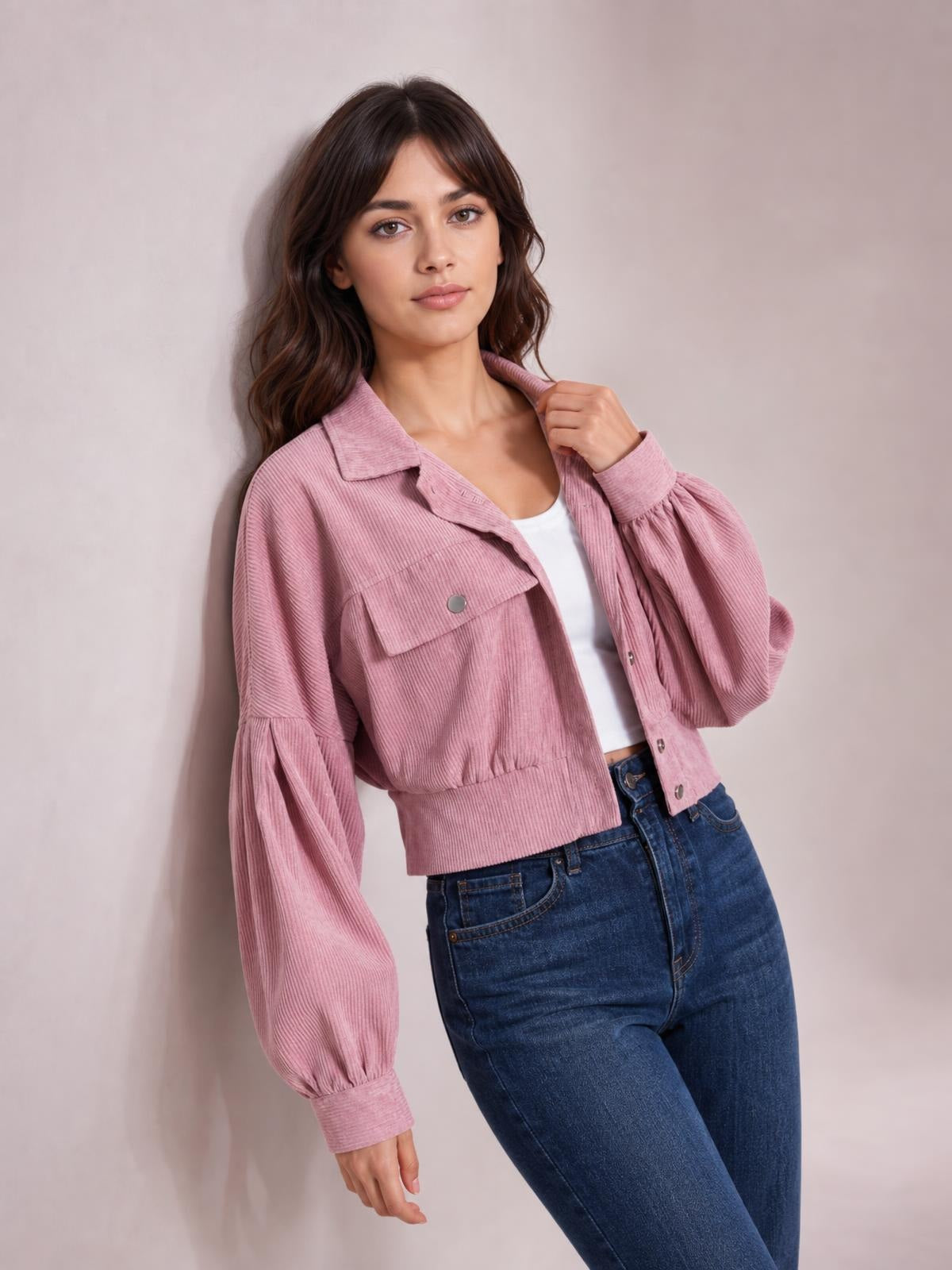Button Down Collared Neck Cropped Jacket · Rule Crop - Torso / Waist Up - Studio Prop Pose