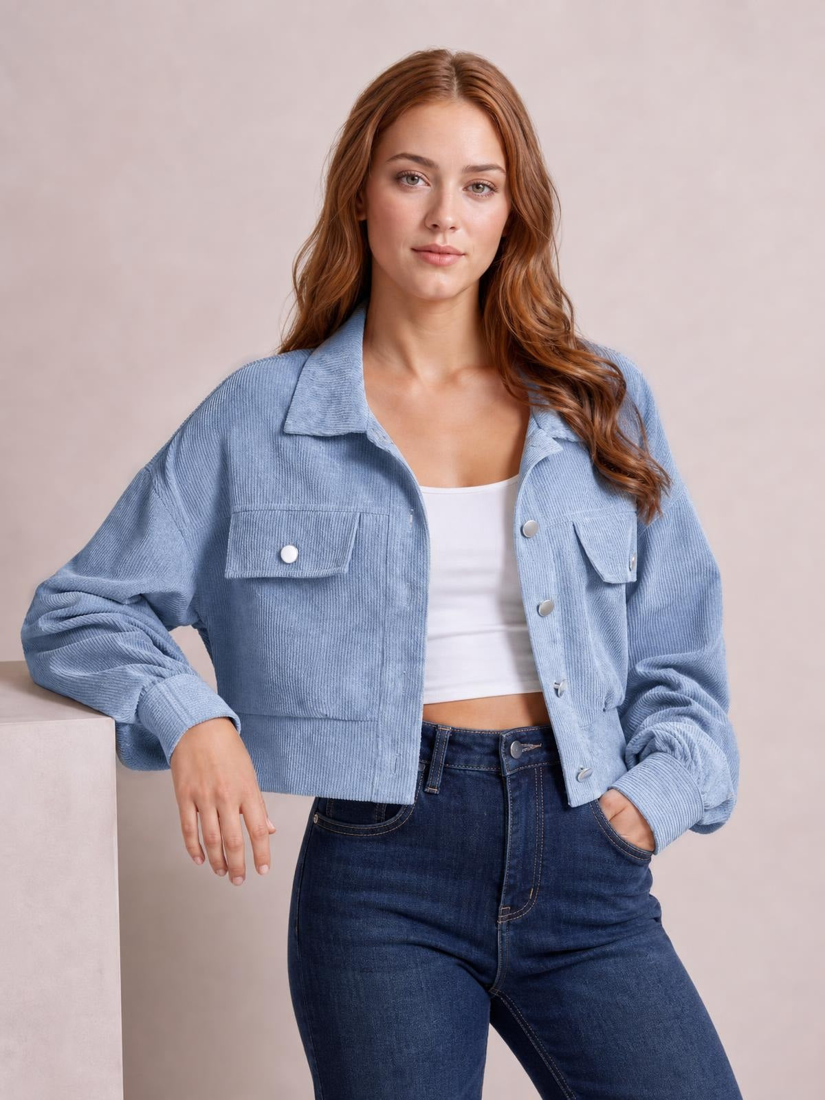 Button Down Collared Neck Cropped Jacket · Rule Crop - Torso / Waist Up - Studio Prop Pose