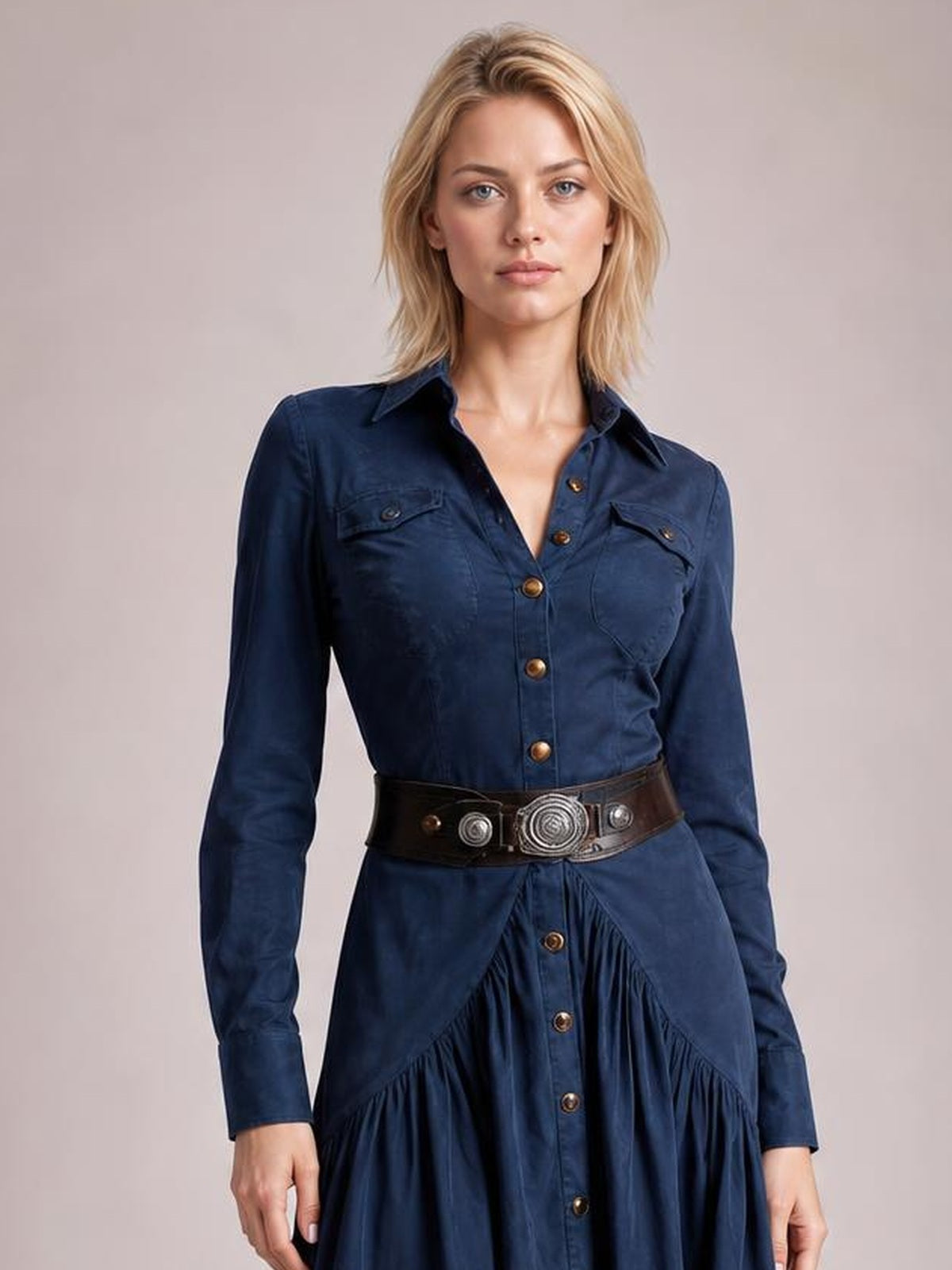 A model stands facing forward in a navy button-down shirt dress with a pointed collar, long sleeves, chest pockets, front buttons, and a gathered ruffled skirt.