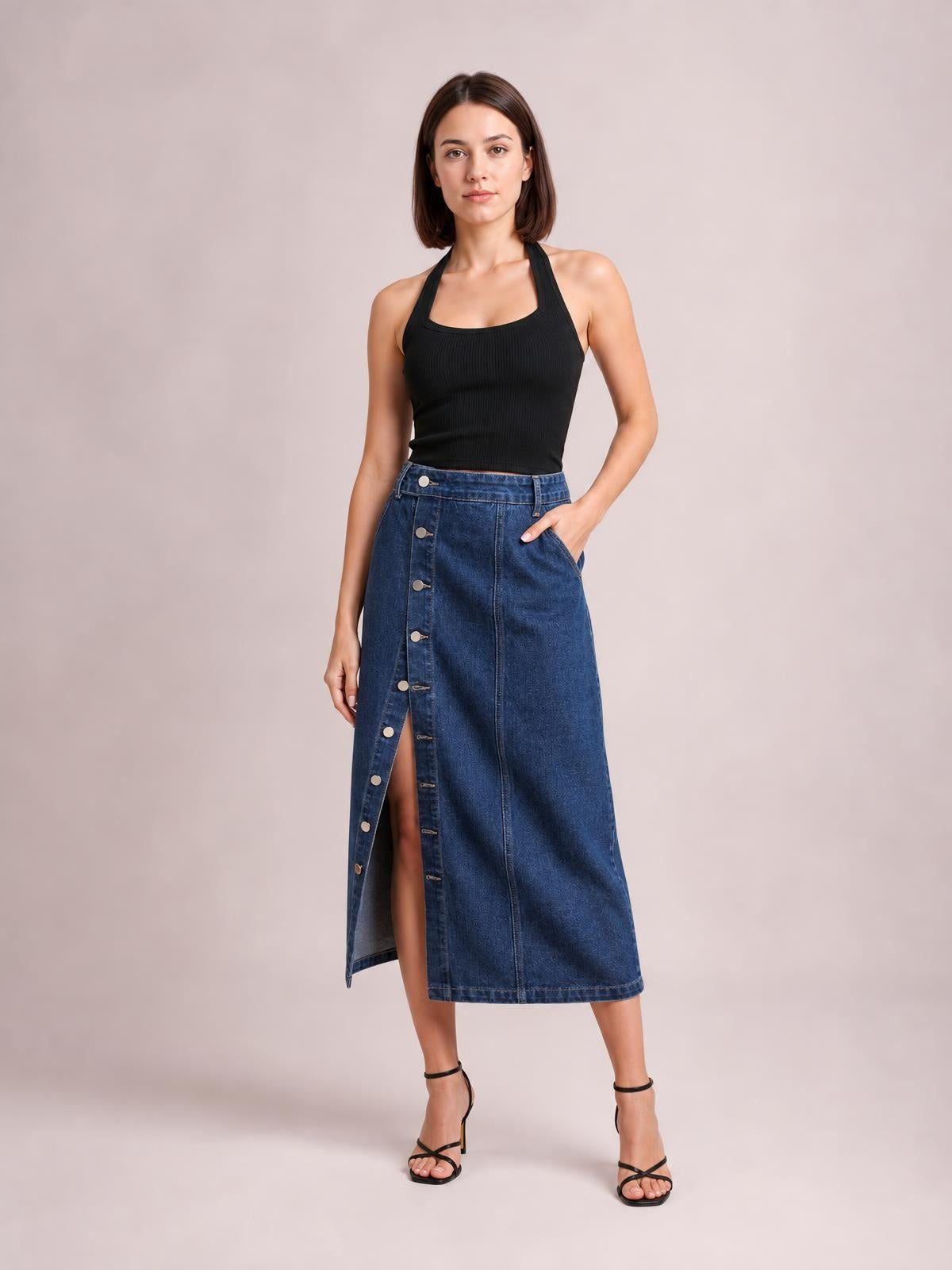 A model poses in a dark blue button-down midi denim skirt with a straight silhouette, front buttons, visible pockets, and a front slit.