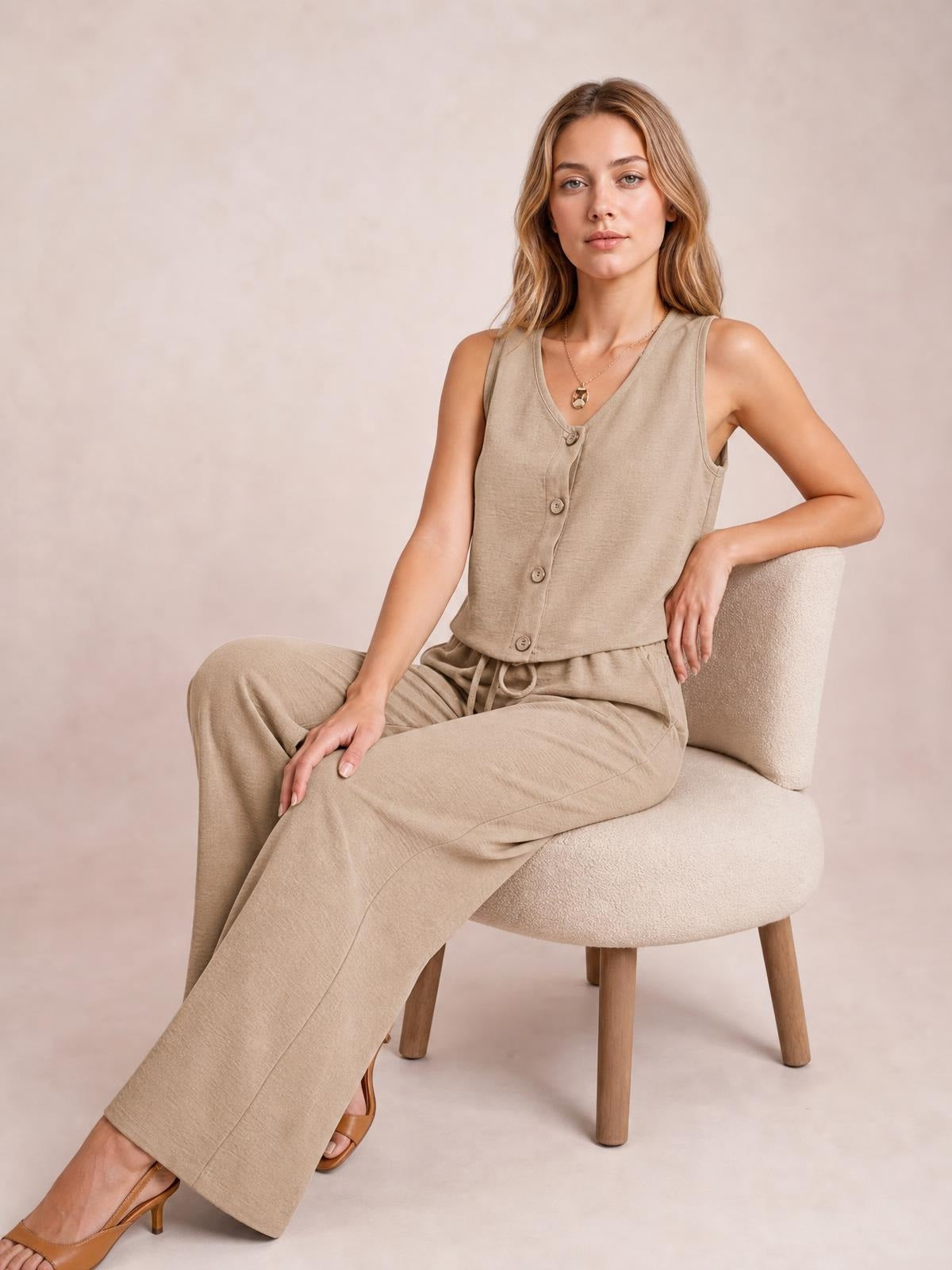 A seated model wears a camel button-down vest and matching drawstring wide-leg pants, creating a relaxed two-piece silhouette with flowing volume.