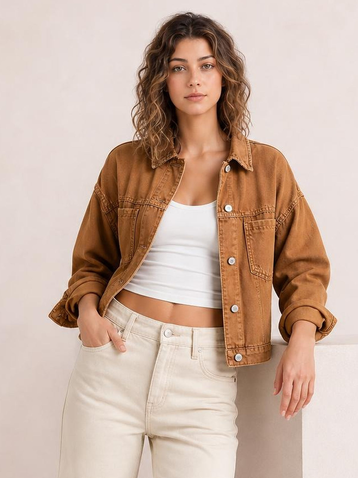 Model wears a caramel-brown button-up denim jacket with drop shoulders, an oversized silhouette, chest pockets, rolled sleeves, and one hand in her jeans pocket.