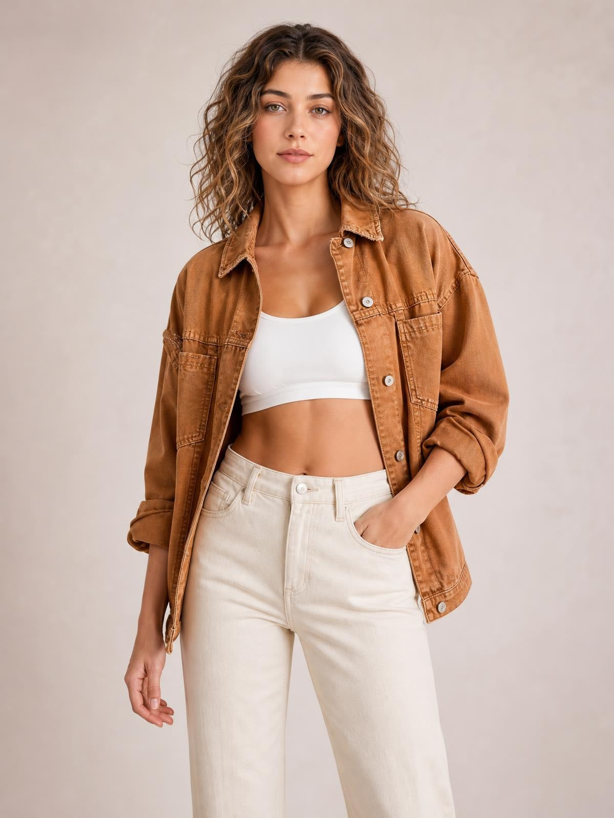 Model wears a relaxed brown button-up drop shoulder denim jacket with a collared neckline, long sleeves, and multiple front patch pockets.