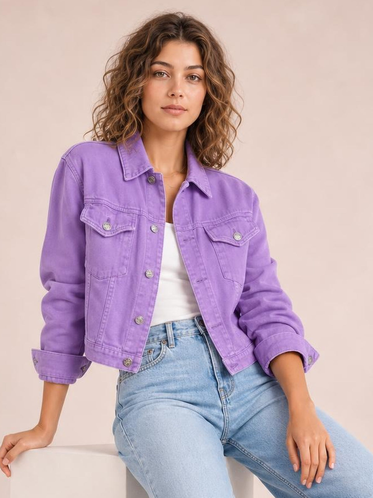 Model seated in a relaxed pose wearing a purple button-up long sleeve denim jacket with a collared, structured silhouette and flap chest pockets.