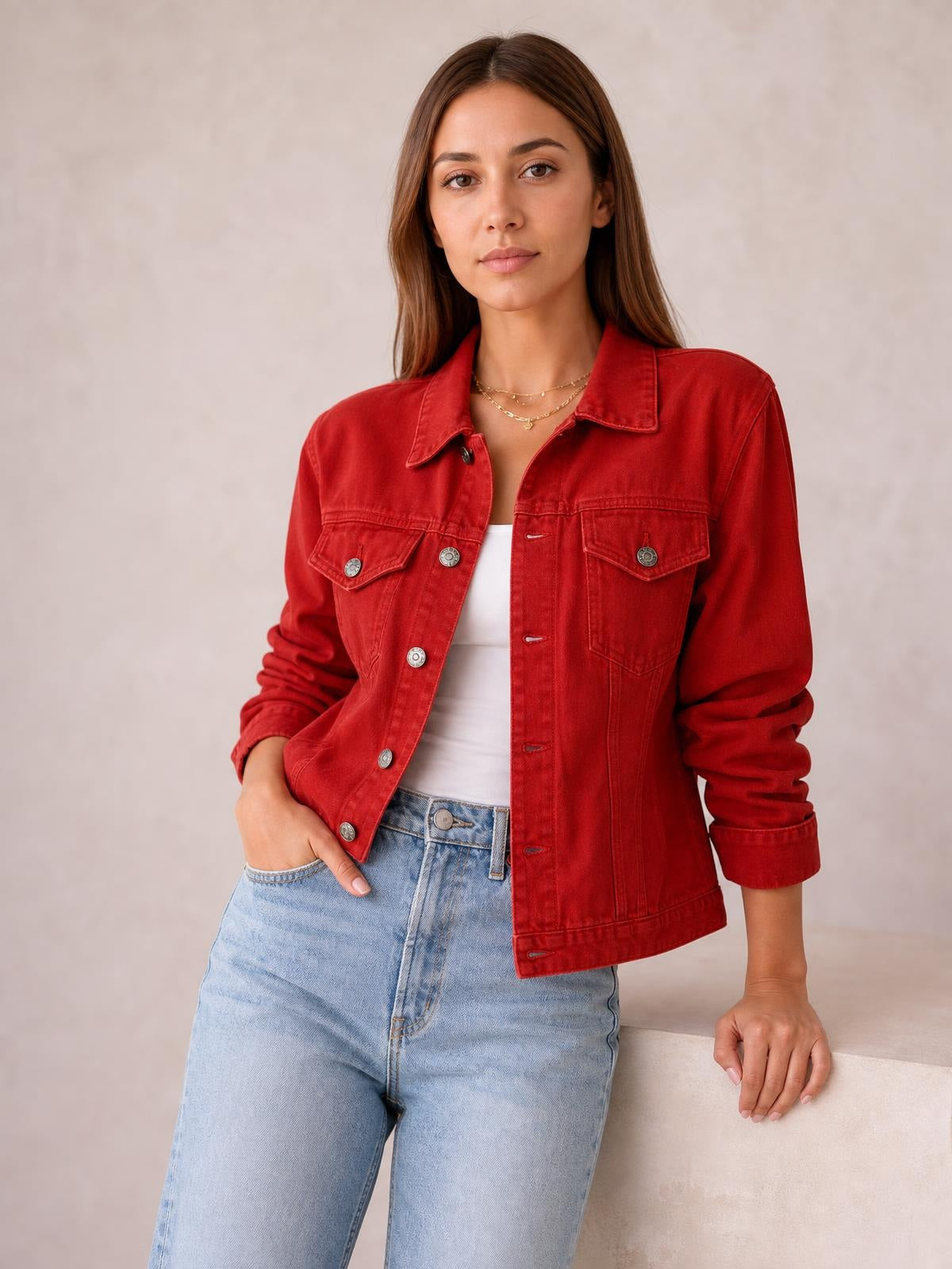 A model wears a red button-up long sleeve denim jacket with a collared neckline, chest flap pockets, and a relaxed straight silhouette.