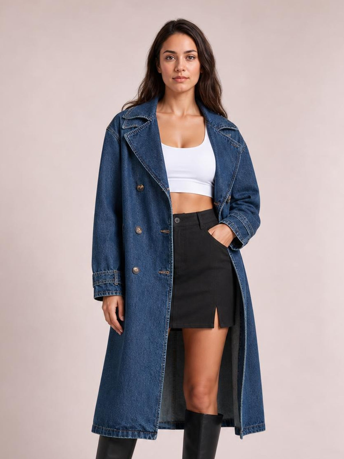 Model stands wearing a blue button-up longline denim jacket with long sleeves, wide lapels, cuff tabs, and a straight silhouette, posing with one hand in her pocket.