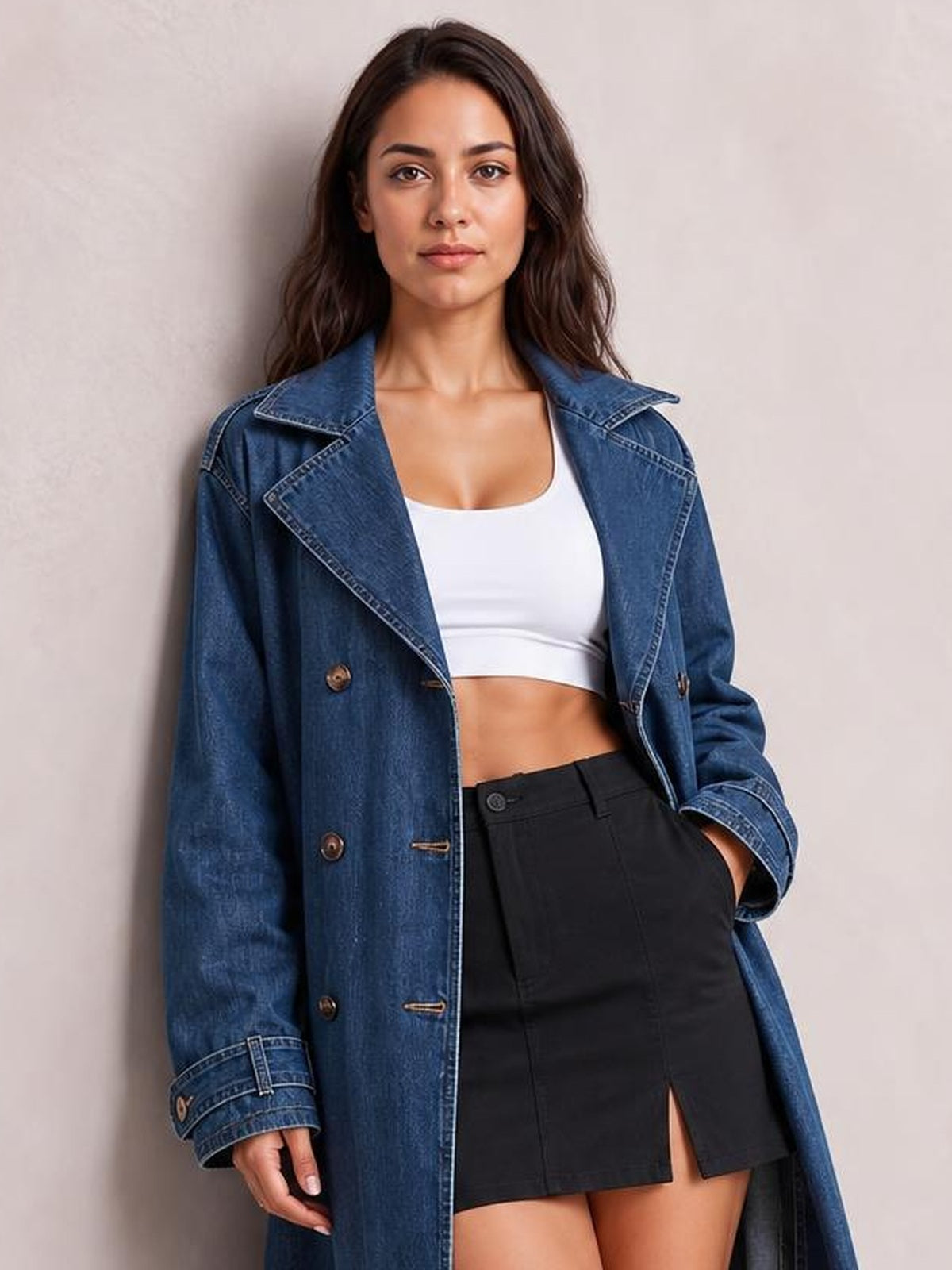 A model wears a blue longline denim jacket with long sleeves, wide lapels, visible button closure, cuff tabs, and a relaxed silhouette, posing with one hand in her pocket.