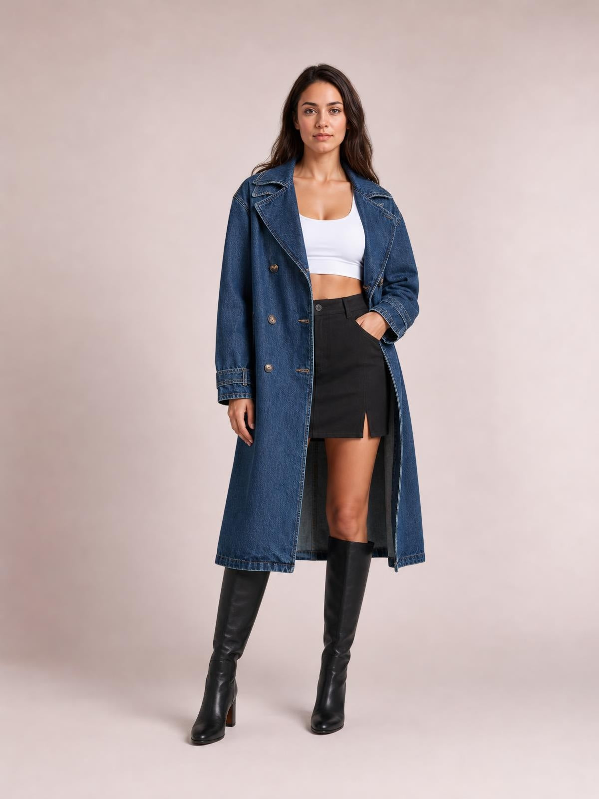 A model stands with one hand in a pocket wearing an open blue longline denim jacket with long sleeves, buttons, lapels, and a straight silhouette.