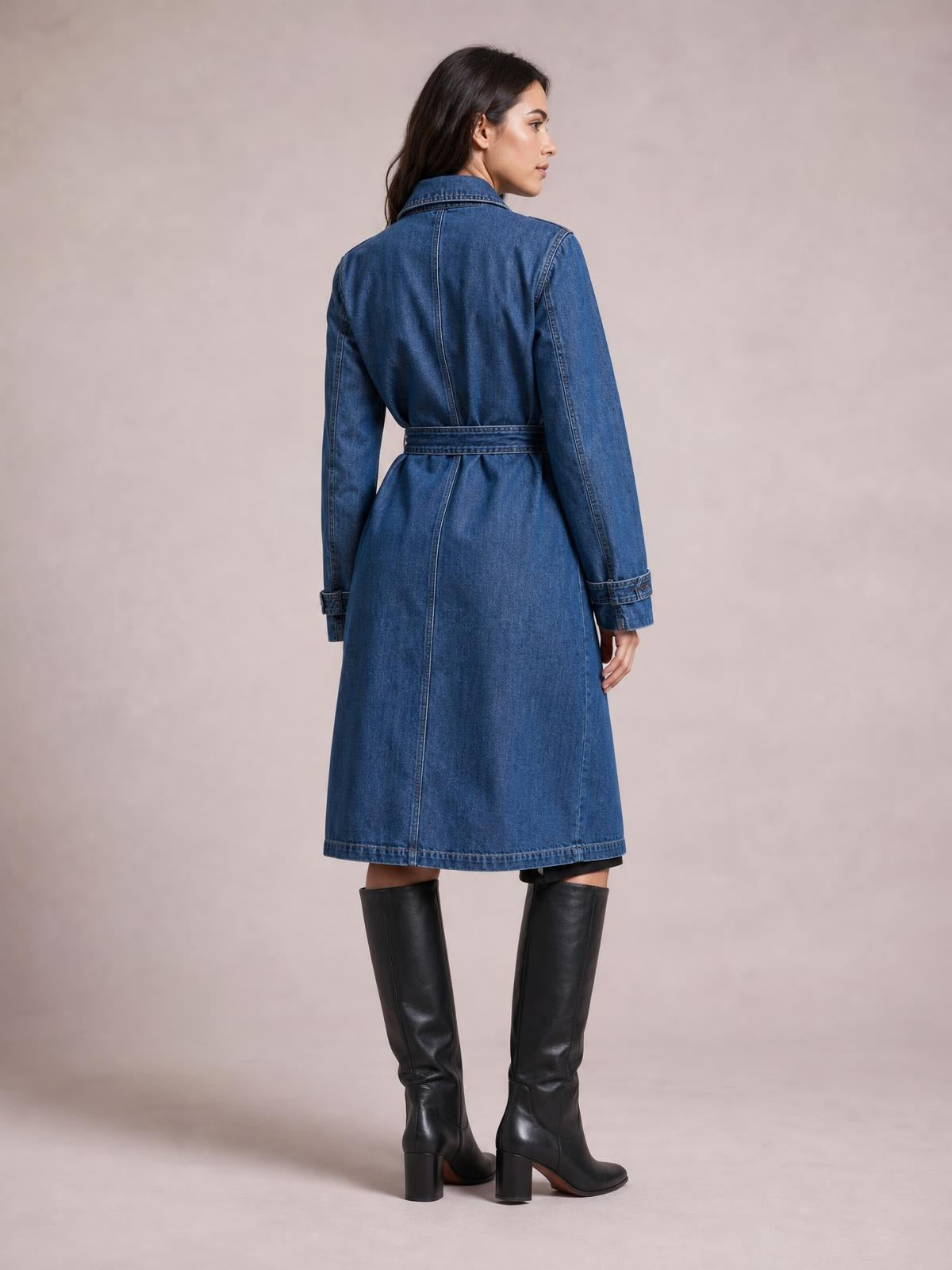 Model turned away wears a blue longline denim jacket with long sleeves, a collared back, waist belt, button cuffs, and a straight below-knee silhouette.