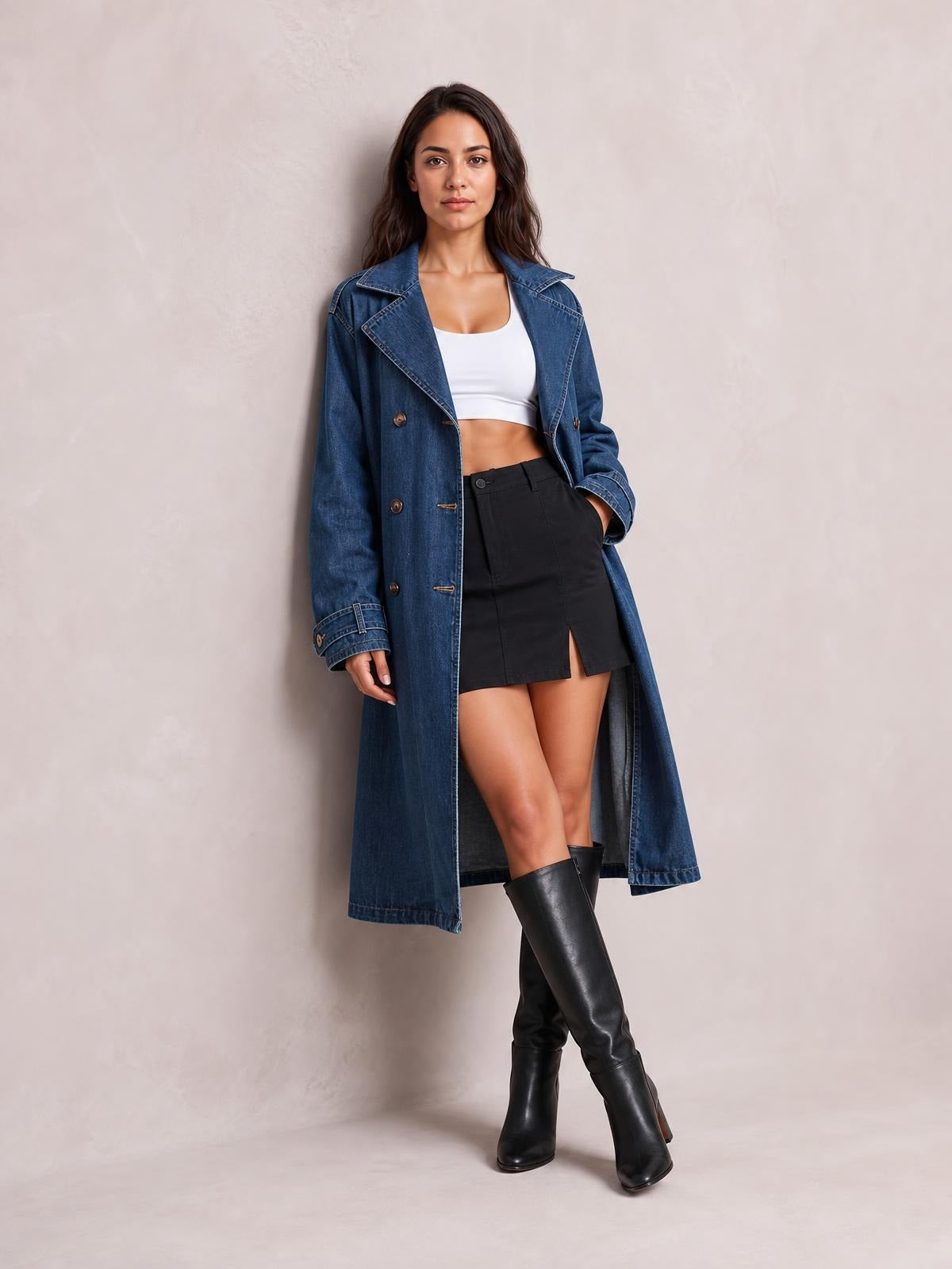 Model poses in a dark blue longline denim jacket with long sleeves, wide lapels, button closure, cuff straps, and a full-length silhouette.