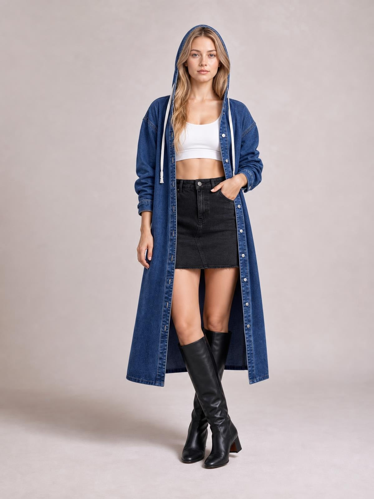 Button Up Long Sleeve Longline Hooded Denim Outerwear · Rule Full Body - Hero Full Body
