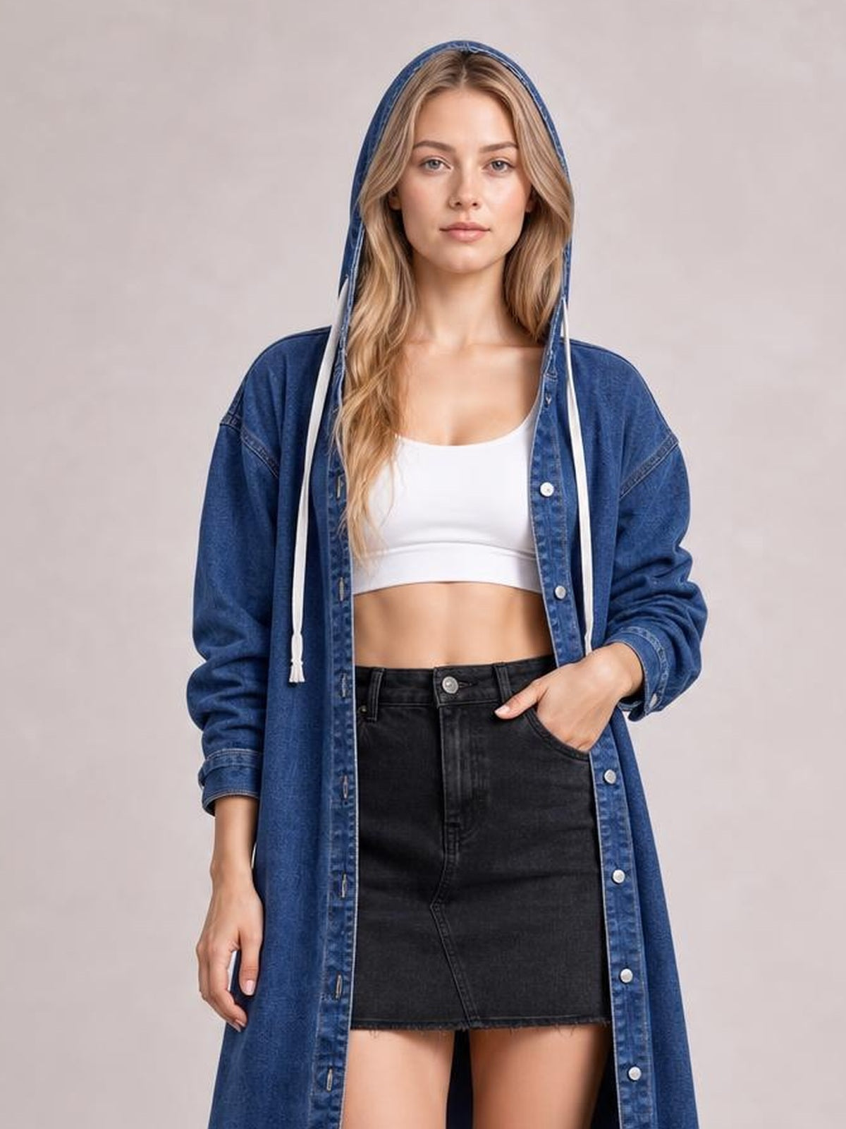Button Up Long Sleeve Longline Hooded Denim Outerwear · Rule Full Body - Hero Full Body