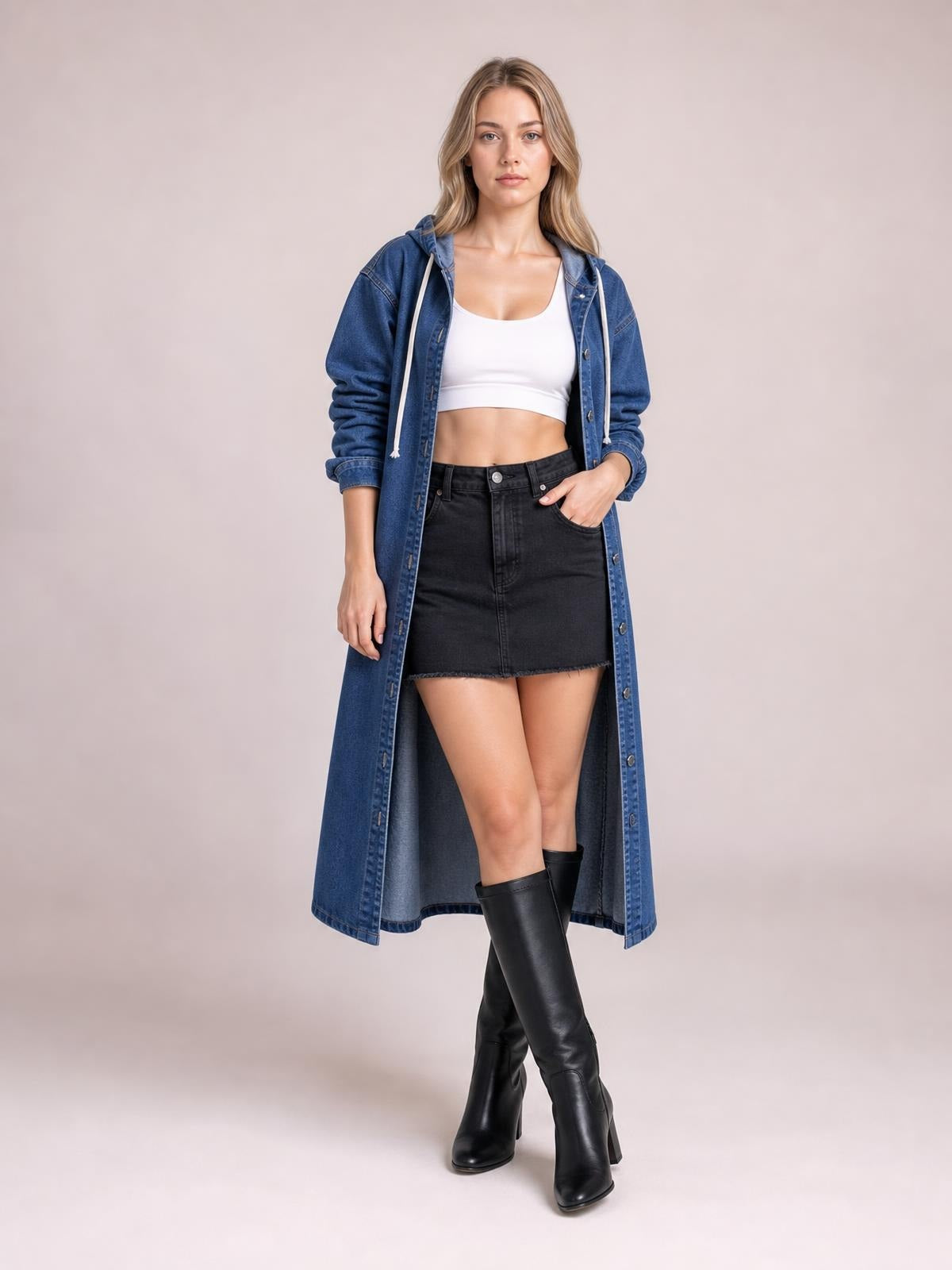 A model poses with one hand at her hip in a blue denim longline hooded shirt featuring long sleeves, front buttons, and a relaxed silhouette.