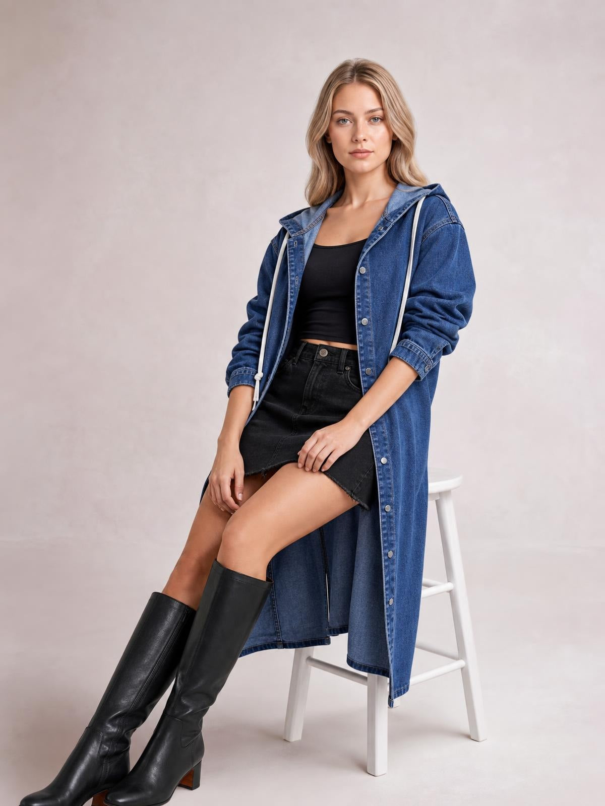 A seated model wears a blue denim longline hooded outerwear shirt with a button front, long sleeves, and a relaxed, extended silhouette.