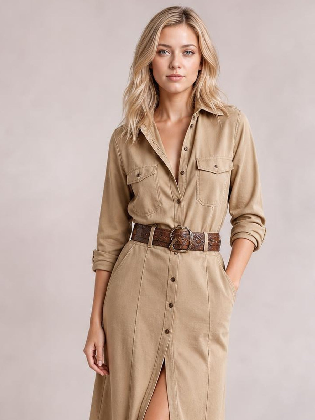 A model wears a tan button-up long sleeve shirt dress with a collared neckline, flap chest pockets, belted waist, seamed silhouette, and front slit.