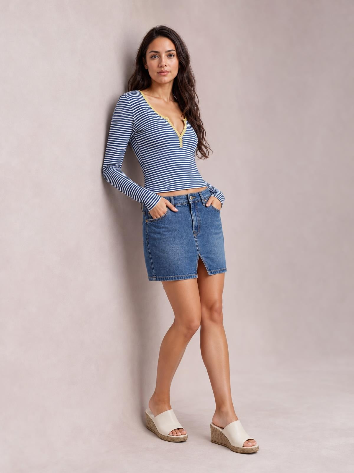 A model poses with hands in her pockets wearing a fitted navy-and-white striped long-sleeve T-shirt with a buttoned V-neck and cropped silhouette.
