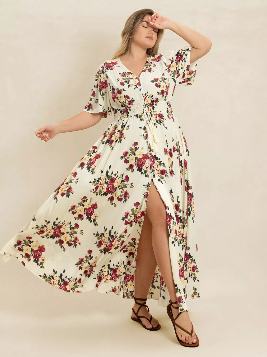 Plus Size Floral Print Maxi Dress with Side Slit and Tied Waist.