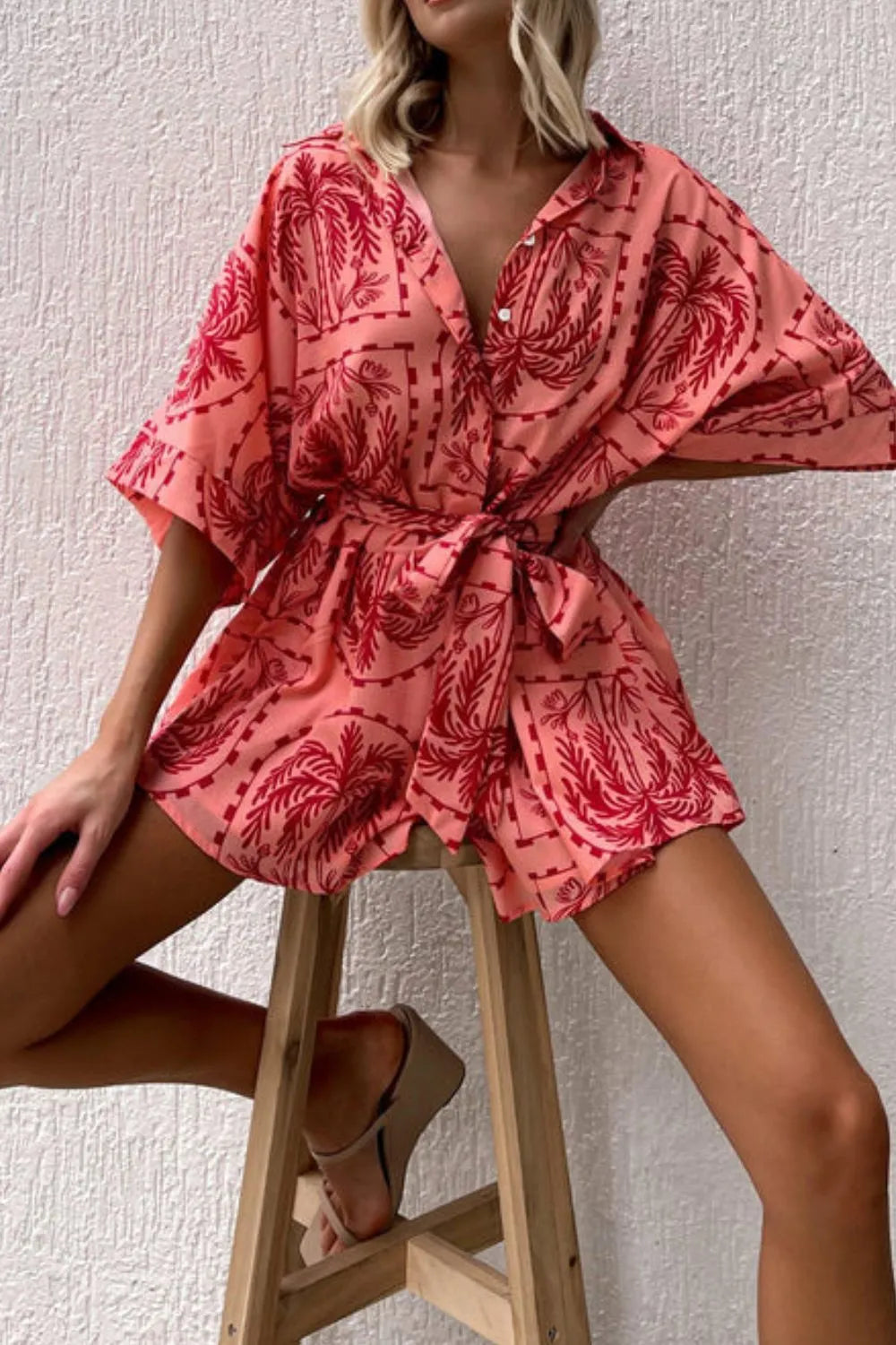 Printed Tie Waist Romper with Buttons.