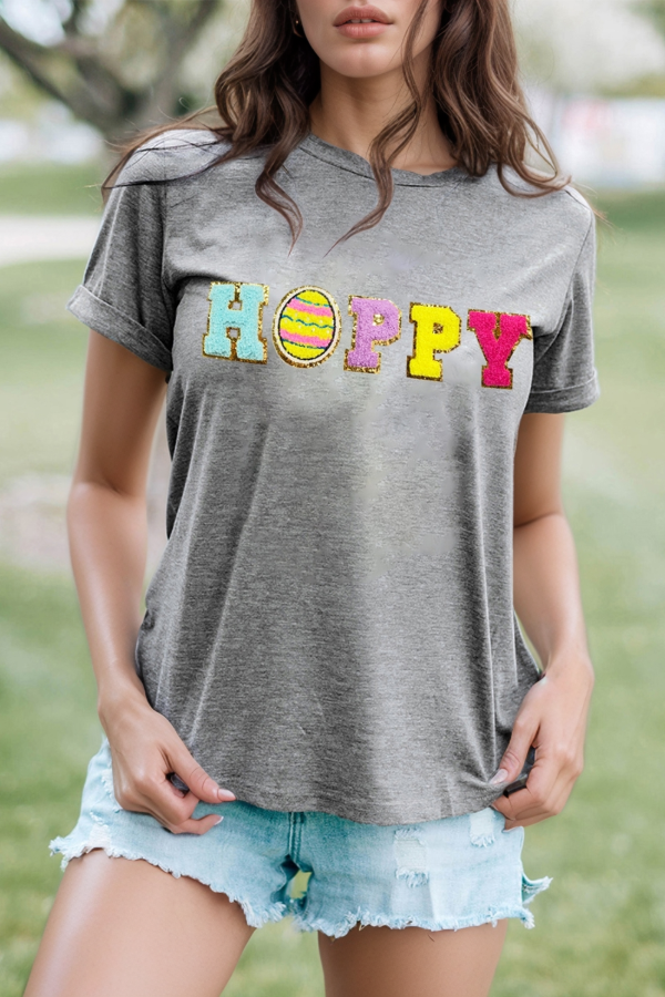 HOPPY Chenille Patch Round Neck Short Sleeve T-Shirt