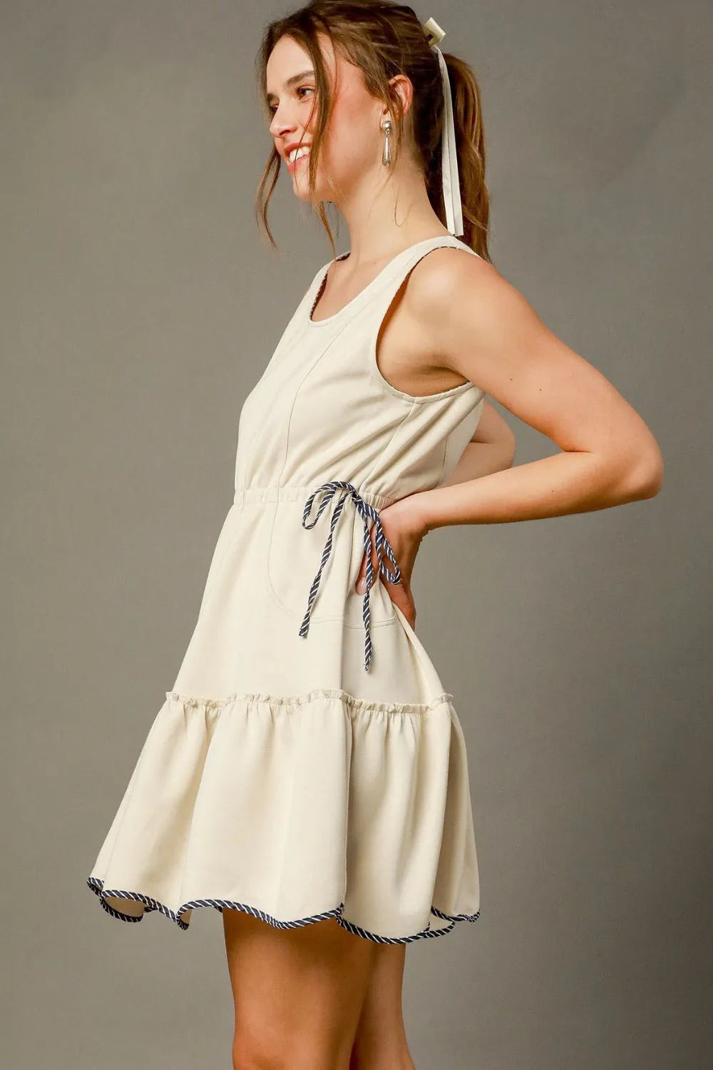 Frill Printed Cap Sleeve Dress with Smocked Detail.